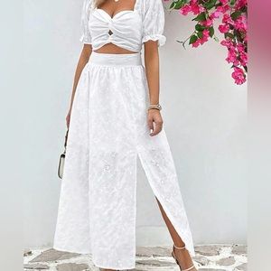 Privé Eyelet Embroidery Twist Front Cut Out Puff Sleeve Ruched Bustier Dress